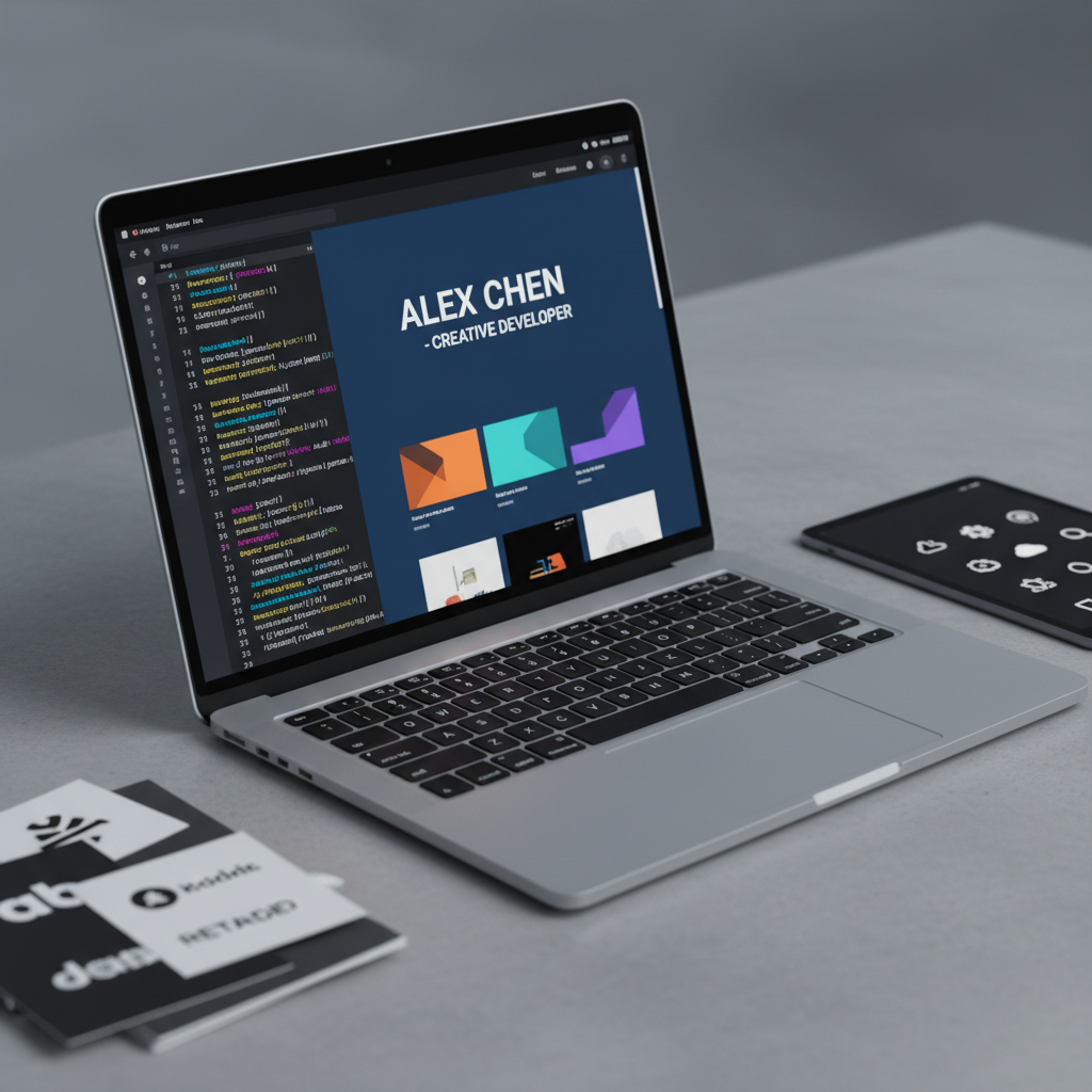 A close-up of a high-resolution laptop screen displaying a meticulously coded interface: dark theme editor filled with colorful syntax-highlighted code on the left, and a polished portfolio homepage layout on the right, featuring bold typography and geometric shapes. The laptop sits on a smooth concrete desk beside a neatly stacked set of logo design printouts and a slim digital tablet showing vector icons. Cool, even studio lighting creates minimal shadows and crisp reflections, emphasizing clarity and detail. Shot from a slightly elevated angle with sharp focus throughout, in a photographic, minimalist style that feels professional, organized, and technologically refined.